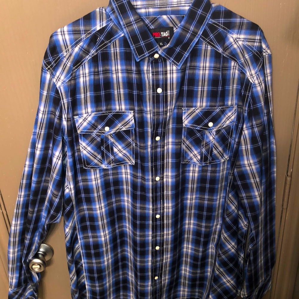 XL Blue, Gray, Black Striped Casual Button Down Shirt